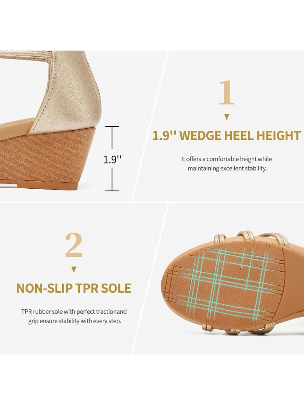 ✨Women's Gold Floral Low Heel Open Toe Zipper Gladiator Ankle Strap Wedge Sandal - Picture 6 of 6